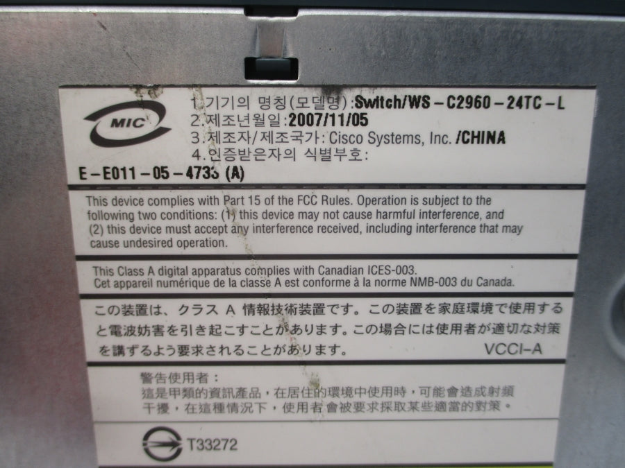 CISCO WS-C2960-24TC-L 100-240V 1.3-.8A UNMP