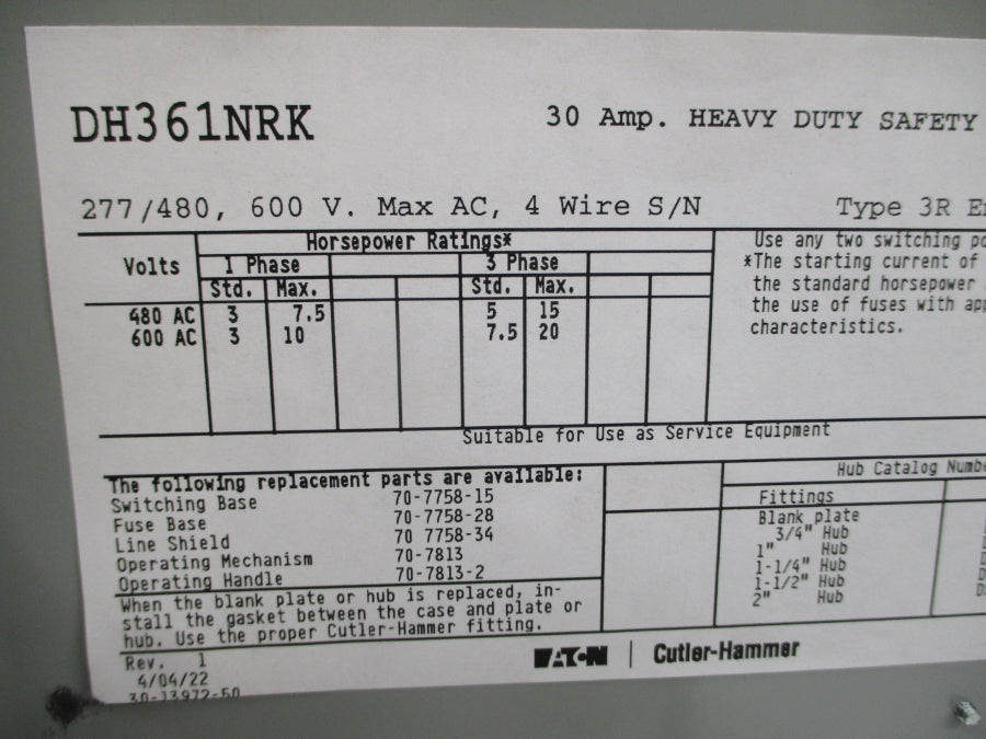 EATON DH361NRK SER. A 600VAC 30A NSMP