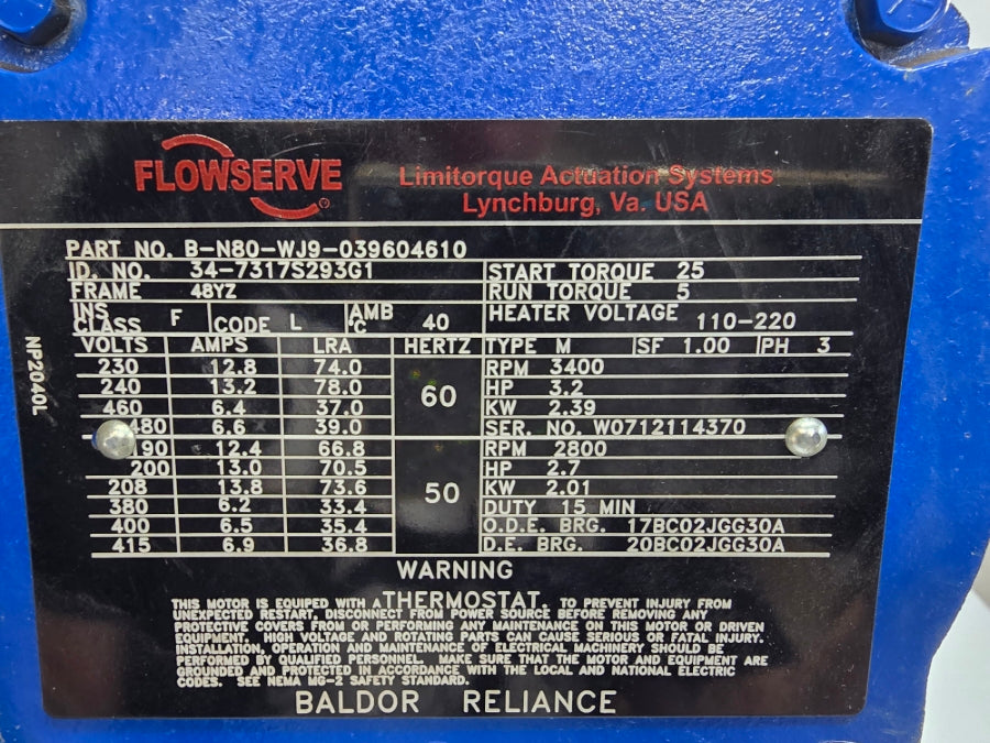 FLOWSERVE B-N80-WJ9-039604610 34-7317S293G1 460/480V 12.8/13.2A NSNP