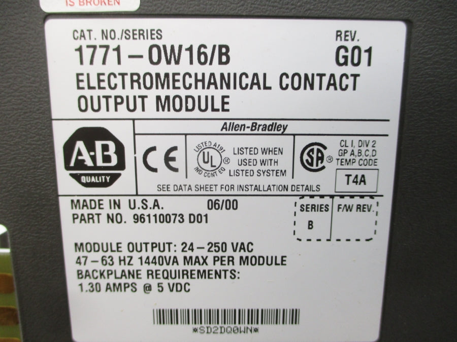 ALLEN BRADLEY 1771-OW16 SER. B 24-250VAC 1.30A REV. D01 NSMP