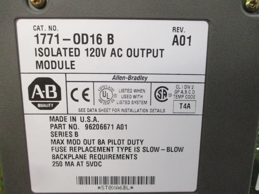 ALLEN BRADLEY 1771-OD16 SER. B 120VAC 8A REV. A01 NSMP