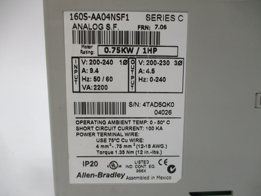 ALLEN BRADLEY 160S-AA04NSF1 SER. C F/W 7.06 200-240V 9.4A NSNP