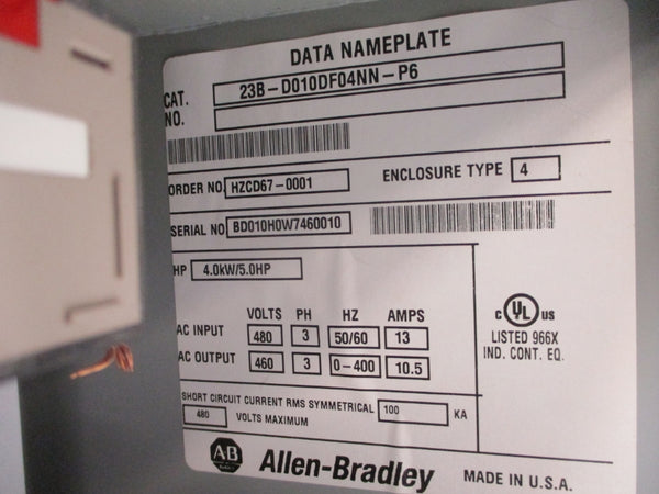ALLEN BRADLEY 23B-D010DF04NN-P6 480VAC 13A NSNP