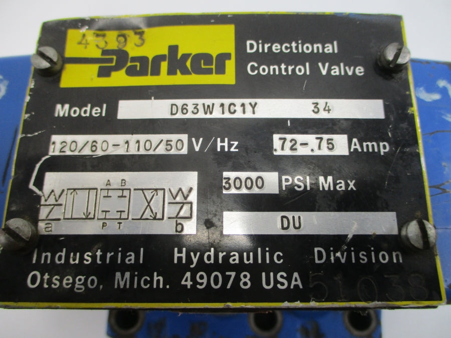PARKER D63W1C1Y34 110/120V .72-.75A 3000PSI UNMP