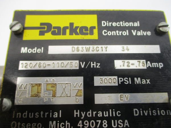 PARKER D63W3C1Y34 110/120V .72-.75A 3000PSI UNMP