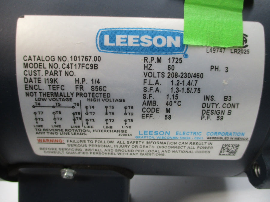 LEESON 101767.00 C4T17FC9B 208-230/460V 1.2-1.4/.7A NSMP