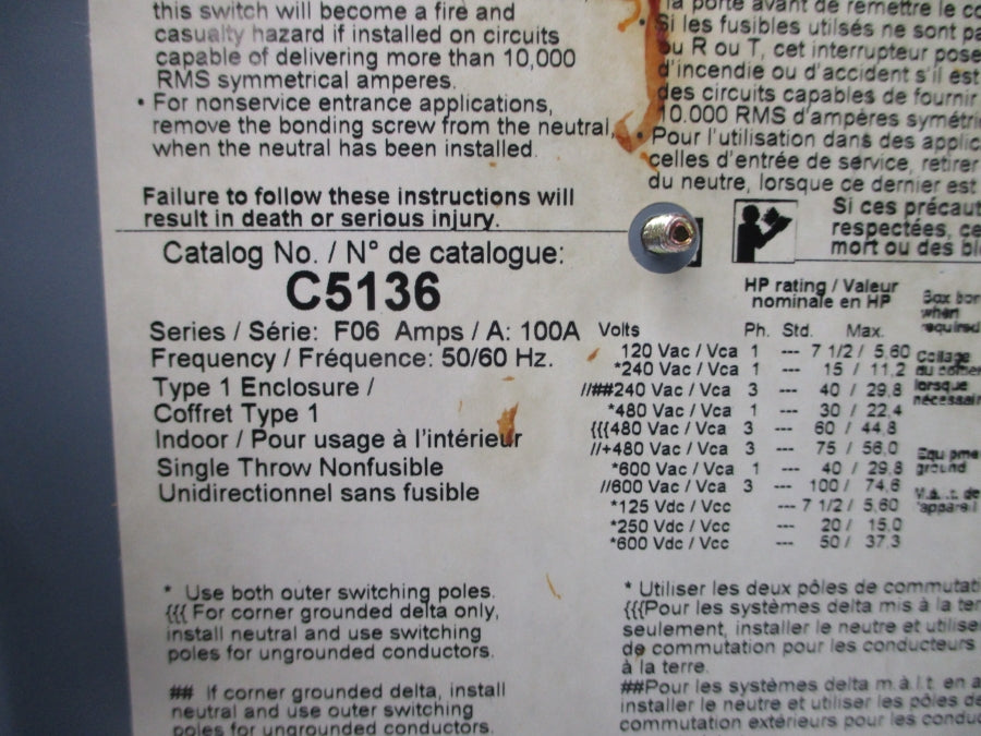 FEDERAL PIONEER C5136 SER. F06 600VAC 100A NSNP