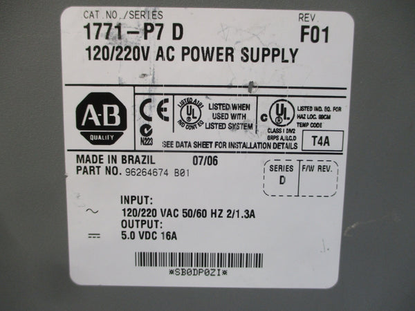 ALLEN BRADLEY 1771-P7 SER. D 120/220VAC 2/1.3A REV. F01 UNMP