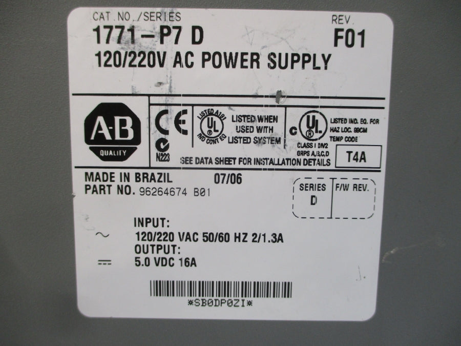 ALLEN BRADLEY 1771-P7 SER. D 120/220VAC 2/1.3A REV. F01 UNMP