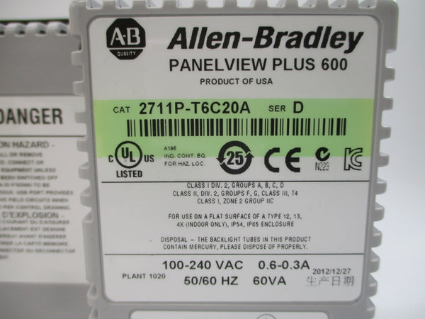 ALLEN BRADLEY 2711P-T6C20A SER. D 100-240VAC 0.6-0.3A NSMP