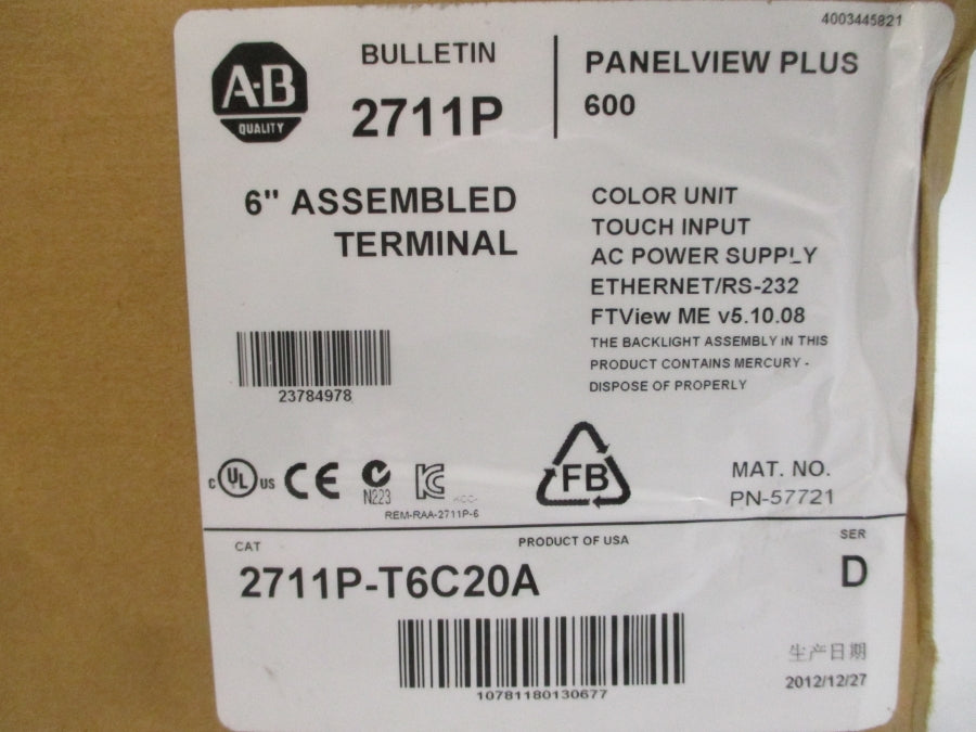 ALLEN BRADLEY 2711P-T6C20A SER. D 100-240VAC 0.6-0.3A NSMP