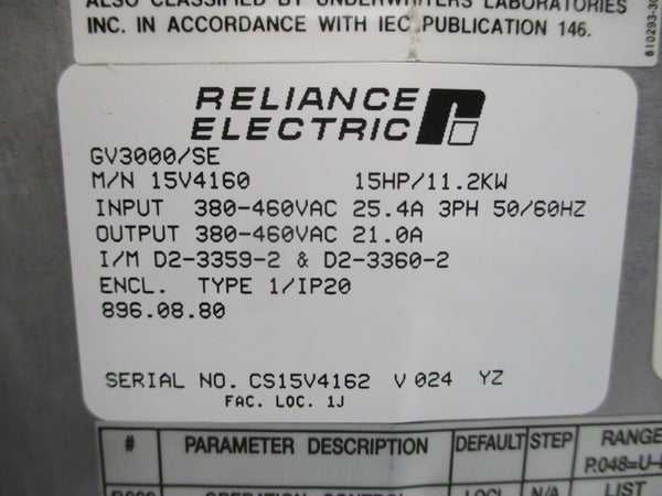 RELIANCE ELECTRIC 15V4160 GV3000/SE 380-460VAC 25.4A NSMP
