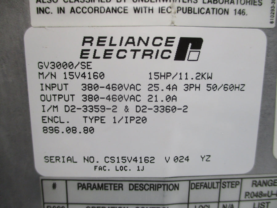 RELIANCE ELECTRIC 15V4160 GV3000/SE 380-460VAC 25.4A NSMP