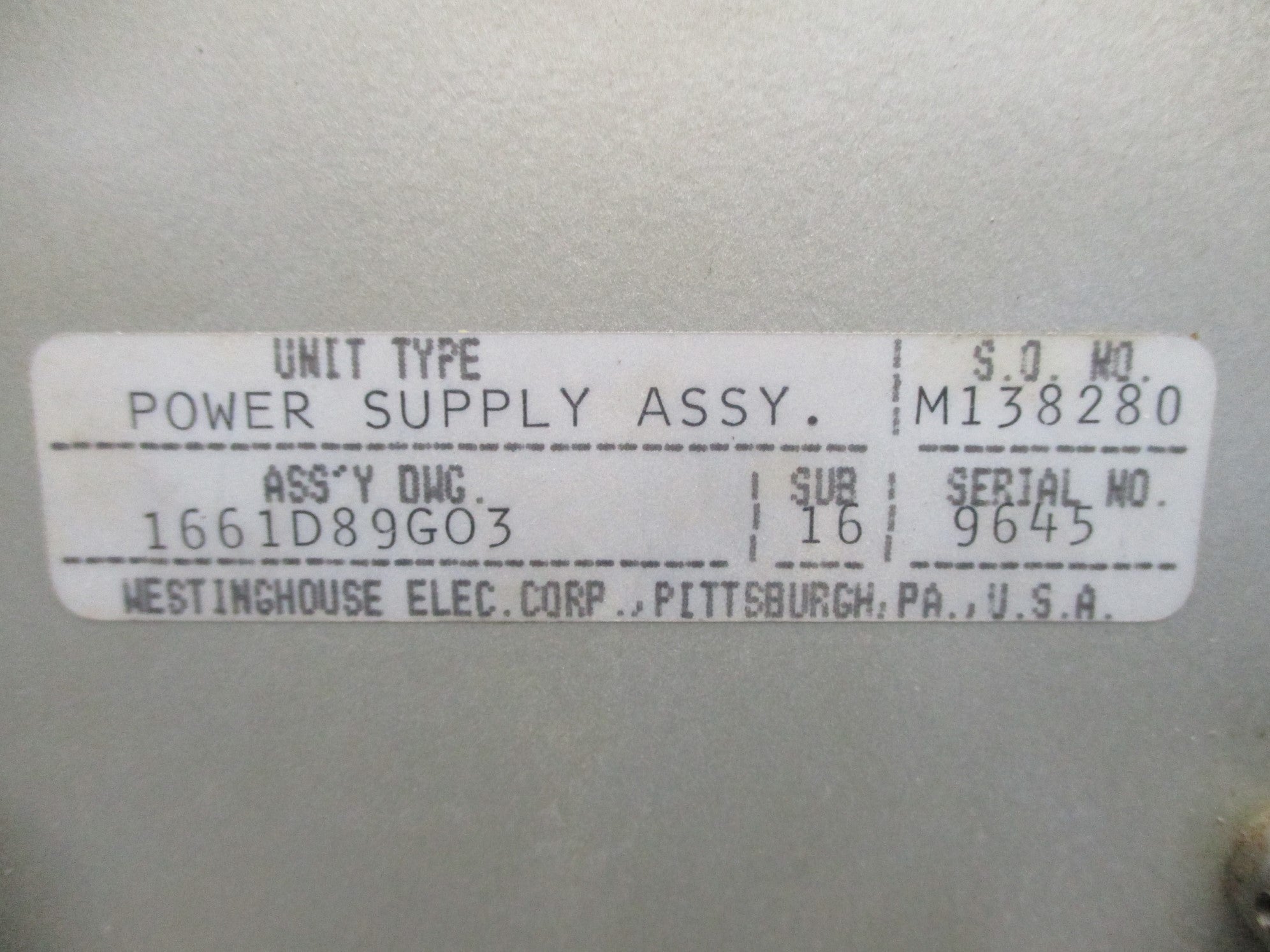 WESTINGHOUSE 1661D89G03 (AS PICTURED) NSNP