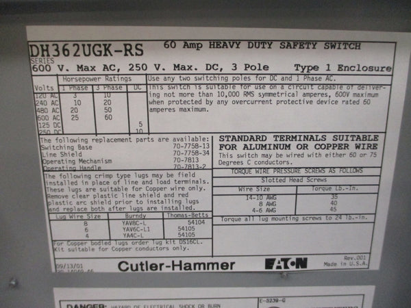 CUTLER HAMMER DH362UGK-RS 600VAC 60A NSMP