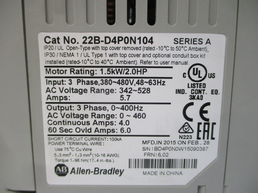 INDUSTRIAL SPARE PART 22B-D4P0N104 SER. A F/W 6.02 342-528VAC 5.7A NSMP
