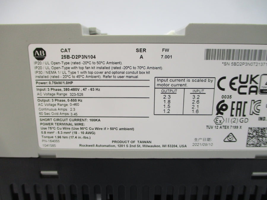 ALLEN BRADLEY 25B-D2P3N104 SER. A F/W 7.001 323-528VAC 2.3A NSMP