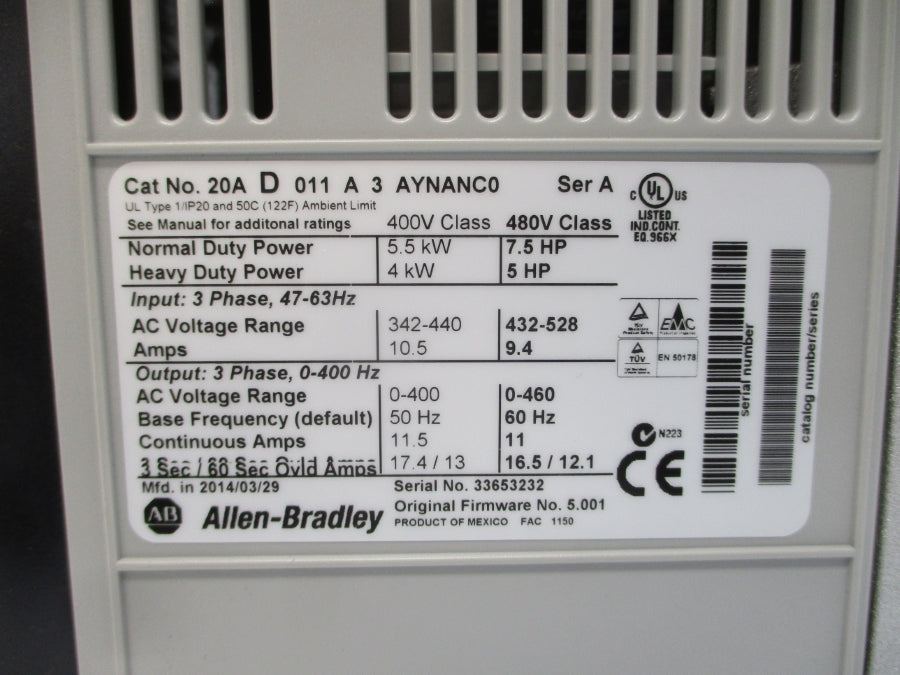 INDUSTRIAL SPARE PART 20AD011A3AYNANC0 SER. A F/W 5.001 432-528VAC 9.4A NSMP