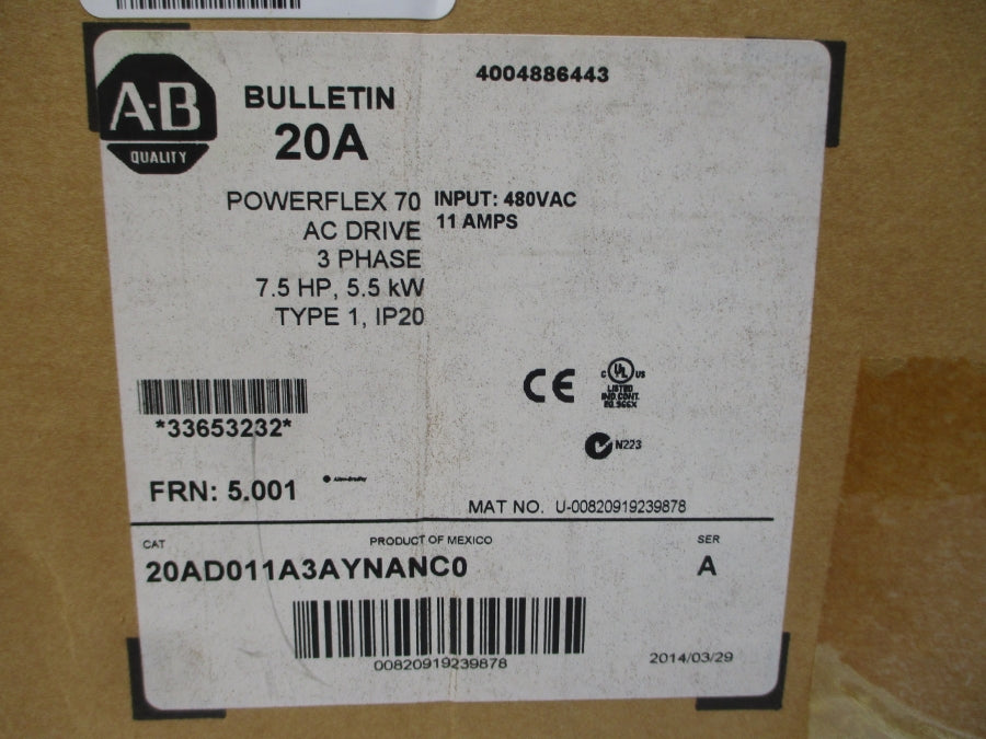 INDUSTRIAL SPARE PART 20AD011A3AYNANC0 SER. A F/W 5.001 432-528VAC 9.4A NSMP