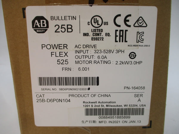ALLEN BRADLEY 25B-D6P0N104 SER. A F/W 6.001 323-528VAC 6.0A NSMP