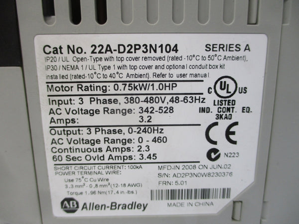 INDUSTRIAL SPARE PART 22A-D2P3N104 SER. A F/W 7.02 342-528VAC 2.3A NSMP