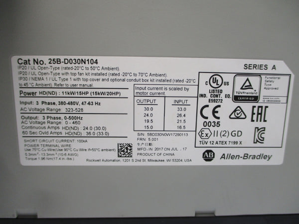 ALLEN BRADLEY 25B-D030N104 SER. A F/W 5.001 380-480VAC 24.0A UNMP