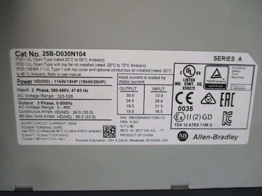 ALLEN BRADLEY 25B-D030N104 SER. A F/W 5.001 380-480VAC 24.0A UNMP