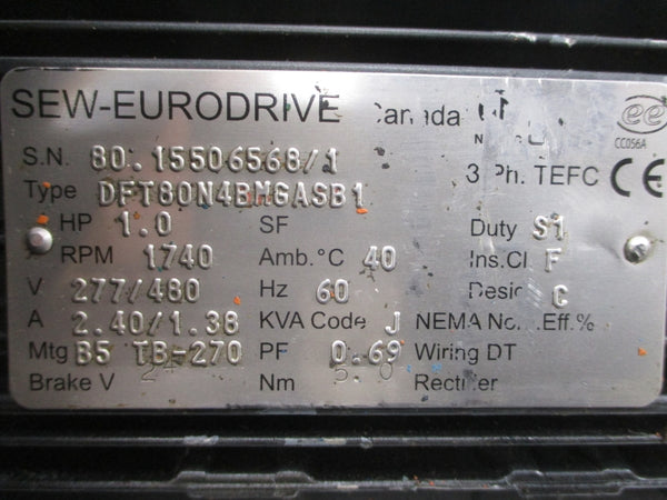 SEW-EURODRIVE DFT80N4BMGASB1 277/480V 2.40/1.38A UNMP