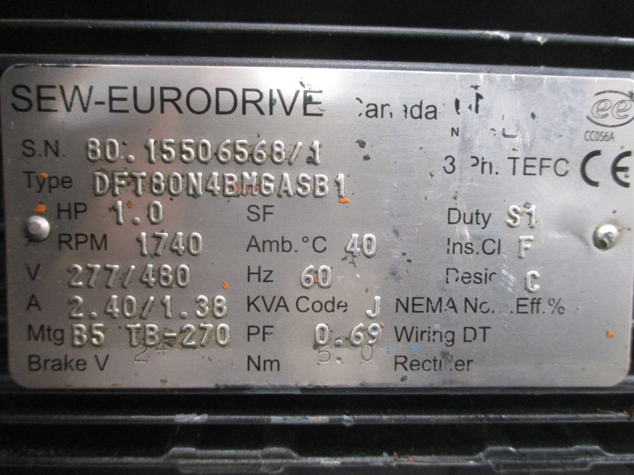 SEW-EURODRIVE DFT80N4BMGASB1 277/480V 2.40/1.38A UNMP