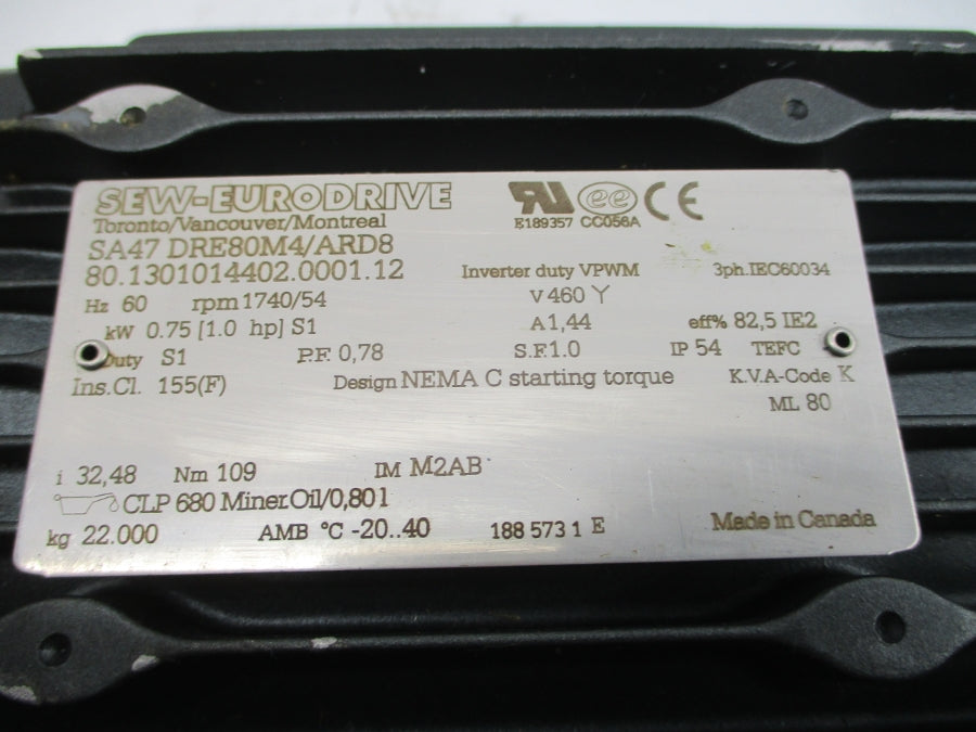 SEW-EURODRIVE SA47DRE80M4/ARD8 460V 1.44A NSNP
