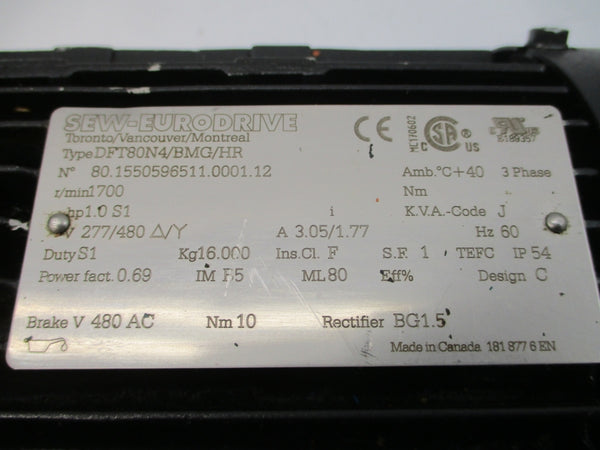 SEW-EURODRIVE DFT80N4/BMG/HR 277/480V 3.05/1.77A NSNP