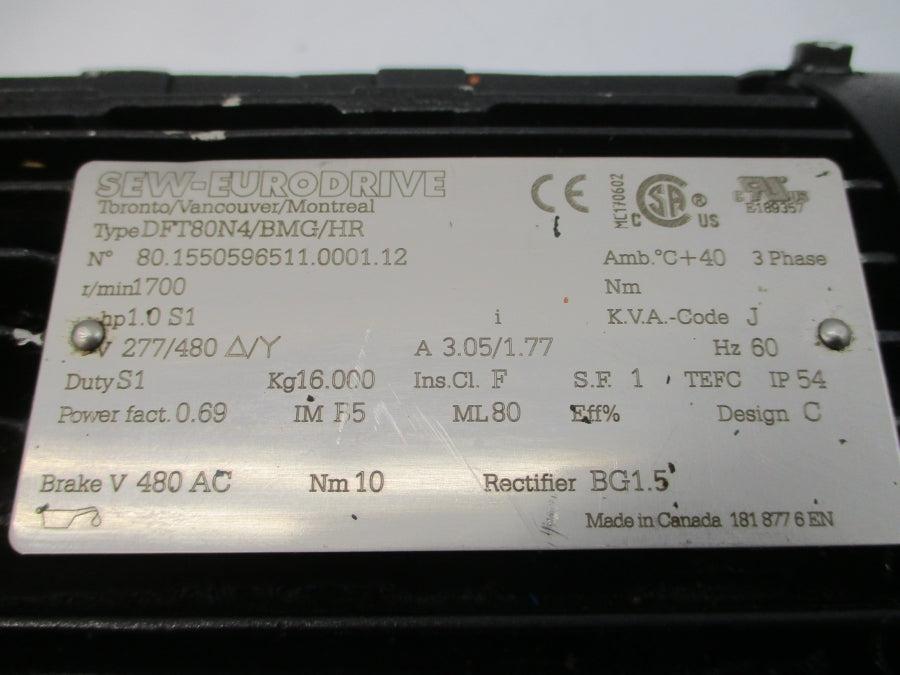 SEW-EURODRIVE DFT80N4/BMG/HR 277/480V 3.05/1.77A NSNP