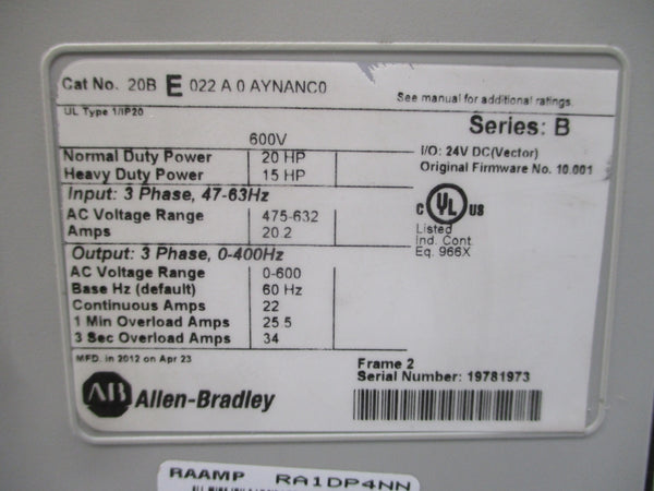 ALLEN BRADLEY 20BE022A0AYNANC0 SER. B F/W 10.001 475-632VAC 22A UNMP