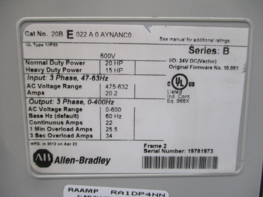 ALLEN BRADLEY 20BE022A0AYNANC0 SER. B F/W 10.001 475-632VAC 22A UNMP