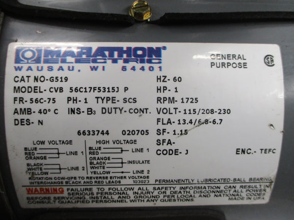 MARATHON ELECTRIC G519 56C17F5315JP 115/208-230V 13.4/6.8-6.7A NSNP