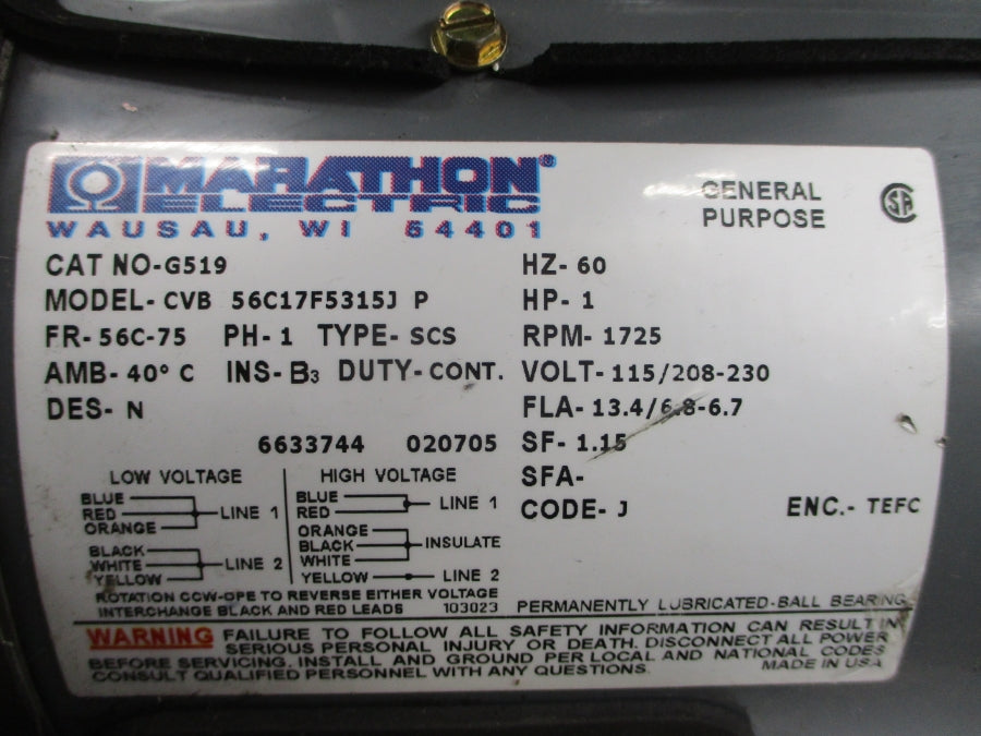 MARATHON ELECTRIC G519 56C17F5315JP 115/208-230V 13.4/6.8-6.7A NSNP