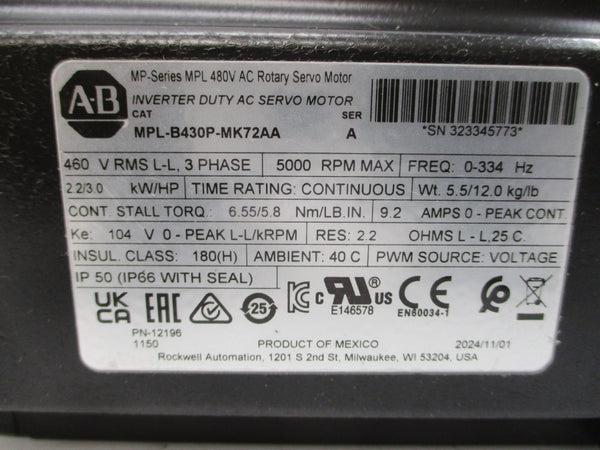 INDUSTRIAL SPARE PART MPL-B430P-MK72AA SER. A 460VAC 9.2A NSMP