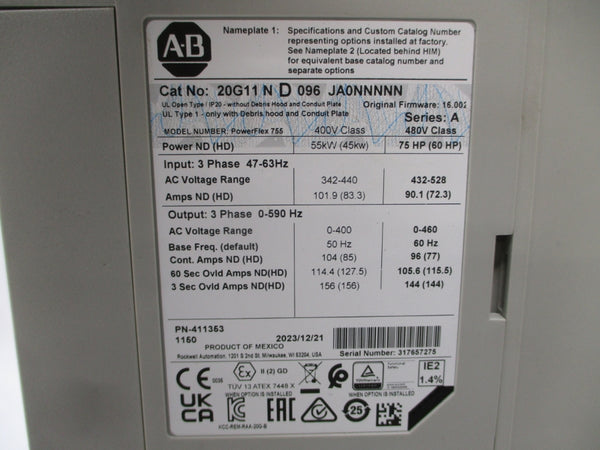 INDUSTRIAL SPARE PART 20G11ND096JA0NNNNN SER. A F/W 16.002 432-528VAC 90.1A UNMP