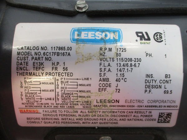 LEESON 117865.00 6C17FB167A 115/208-230V 13.4/6.8-6.7A NSMP