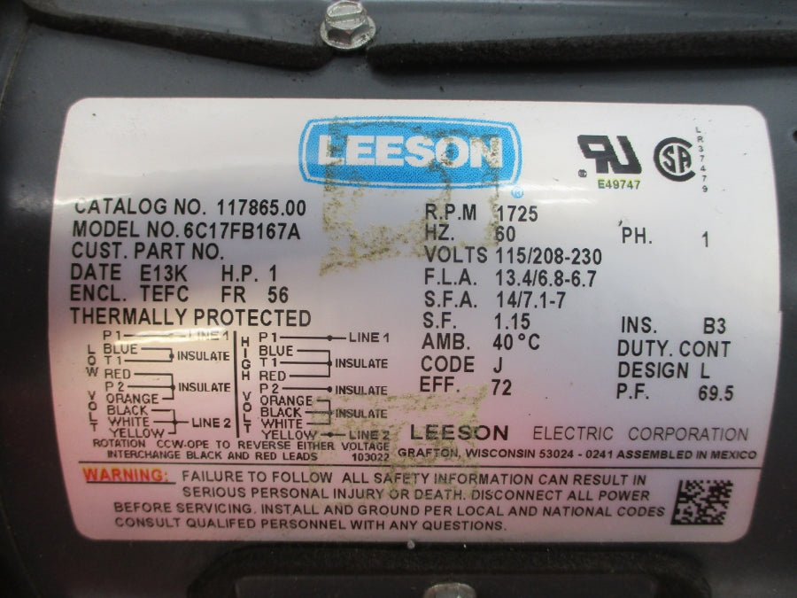 LEESON 117865.00 6C17FB167A 115/208-230V 13.4/6.8-6.7A NSMP