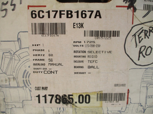 LEESON 117865.00 6C17FB167A 115/208-230V 13.4/6.8-6.7A NSMP