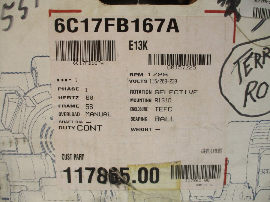 LEESON 117865.00 6C17FB167A 115/208-230V 13.4/6.8-6.7A NSMP
