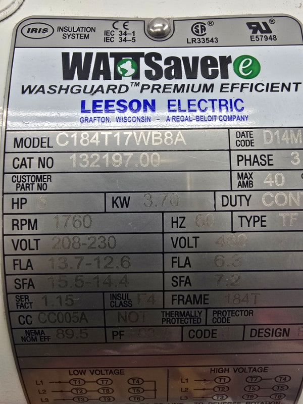 LEESON ELECTRIC 132197.00 C184T17WB8A 208-230/460V 13.7-12.6/3.6A NSNP