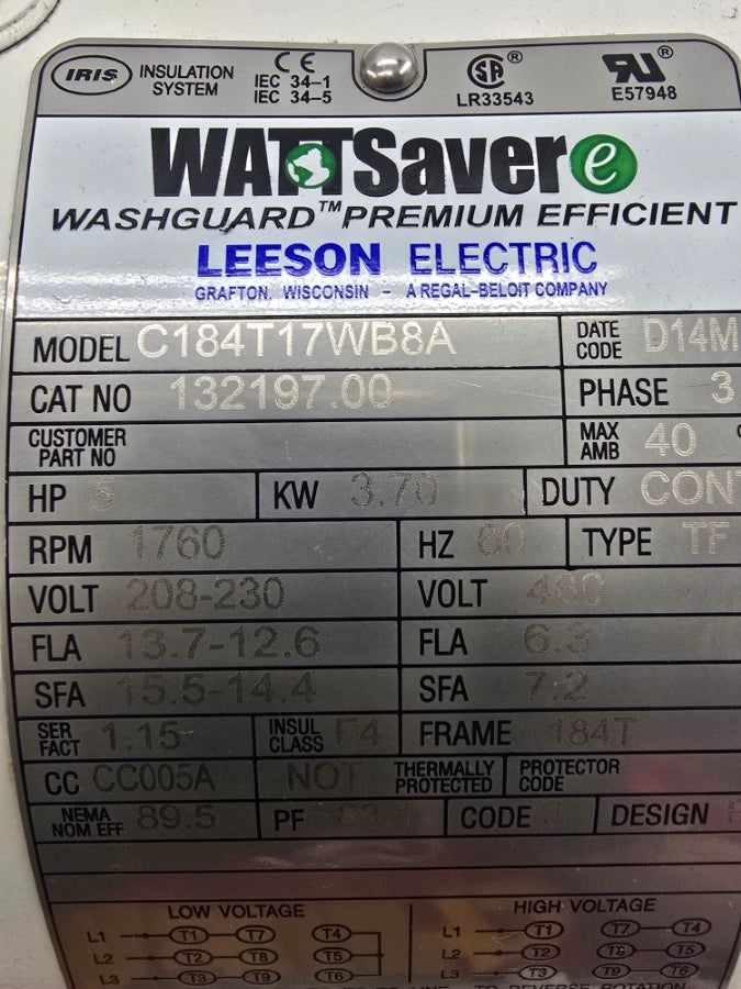 LEESON ELECTRIC 132197.00 C184T17WB8A 208-230/460V 13.7-12.6/3.6A NSNP