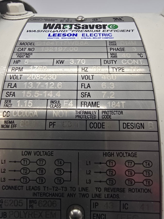 LEESON ELECTRIC 132197.00 C184T17WB8A 208-230/460V 13.7-12.6/3.6A NSNP