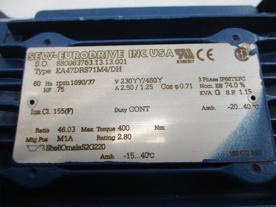SEW-EURODRIVE KA47DRS71M4/DH 230/460V 2.50/1.25A NSNP