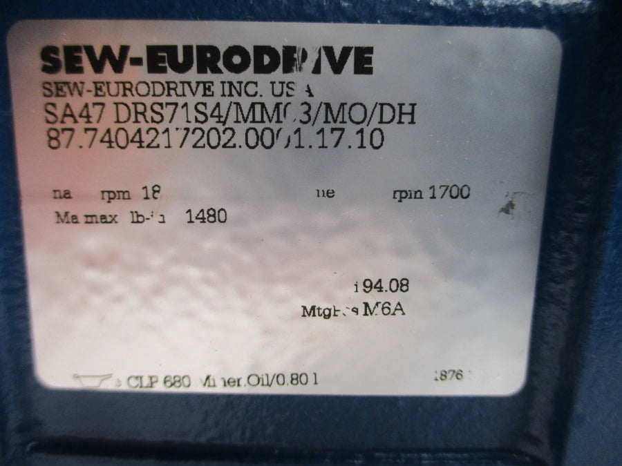 SEW-EURODRIVE SA47DRS71S4/MM03/MO/DH 380-500V 1.10A NSNP