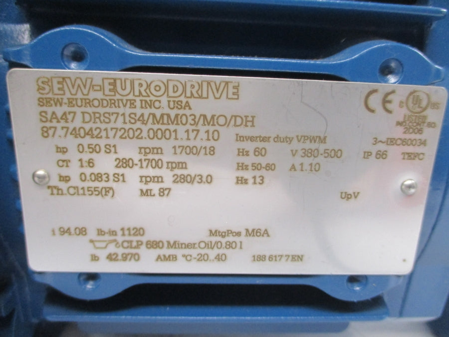 SEW-EURODRIVE SA47DRS71S4/MM03/MO/DH 380-500V 1.10A NSNP