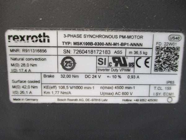 REXROTH R911316856 MSK100B-0300-NN-M1-BP1-NNNN 600VAC 26.1A NSNP