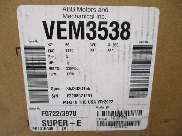BALDOR VEM3538 35J302G155 230/460V 1.8/.9A NSMP